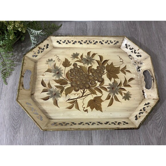 Vintage Tole Ware Tray Tan Gold Hand Painted Metal Cottagecore MCM 18” - Picture 3 of 10